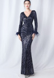 V-Neck Feather Long-Sleeved Sequined Evening Dress