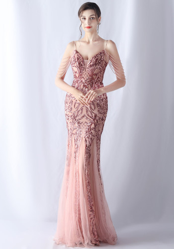 Women beaded mesh evening dress