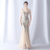 Women beaded mesh evening dress