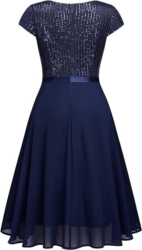 Sequined Short Sleeve Patchwork Chiffon Swing Dress Slim Sexy Bridesmaid Dress