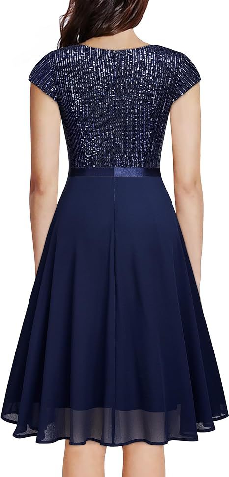 Sequined Short Sleeve Patchwork Chiffon Swing Dress Slim Sexy Bridesmaid Dress