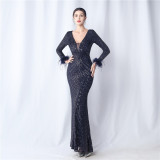 Sequins Feather Long-Sleeved Evening Dress