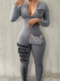 Fashionable Women 's Printed Zipper Long Sleeves Jumpsuit