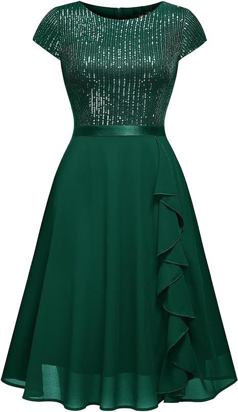 Sequined Short Sleeve Patchwork Chiffon Swing Dress Slim Sexy Bridesmaid Dress