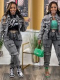 Women Stretch Washed Denim Cargo Top and Pant Casual Two-piece Set