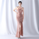 Feather Sequined One-Shoulder Evening Dress