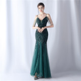 Women beaded mesh evening dress
