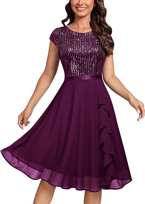 Sequined Short Sleeve Patchwork Chiffon Swing Dress Slim Sexy Bridesmaid Dress