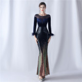 Women Gradient Beaded Velvet Evening Dress