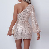 Women Sequined Long Sleeve One Shoulder Sequin Dress