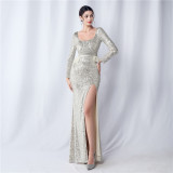 Sequined Long-Sleeved Evening Gown