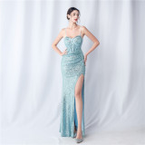 Women Symphony Sequin Slit Maxi Evening Dress