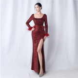 Dinner Party Wedding Sequined Long-Sleeved Evening Dress