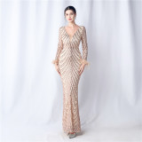Sequins Feather Long-Sleeved Evening Dress