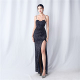 Women Symphony Sequin Slit Maxi Evening Dress