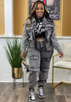 Women Stretch Washed Denim Cargo Top and Pant Casual Two-piece Set Women Stretch Washed Denim Cargo Top and Pant Casual Two-piece Set