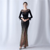 Women Gradient Beaded Velvet Evening Dress