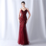 Women beaded mesh evening dress