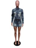 Spring Embroidered Denim Jacket Skirt Suit