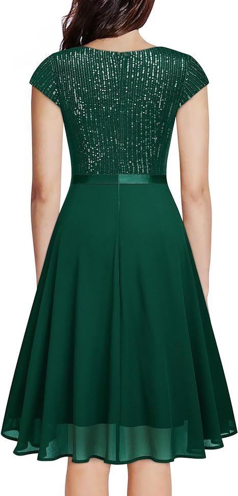 Sequined Short Sleeve Patchwork Chiffon Swing Dress Slim Sexy Bridesmaid Dress