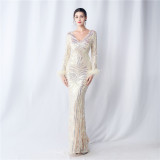V-Neck Feather Long-Sleeved Sequined Evening Dress