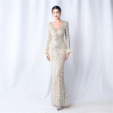 Sequins Feather Long-Sleeved Evening Dress