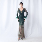 Women Ostrich Feather Gradient Sequins Long Sleeve Evening Gown