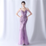 Women beaded mesh evening dress