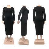 Casual Fashion Round Neck Ribbed Solid Color Women 's Plus Size Long Dress