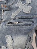 Spring Embroidered Denim Jacket Skirt Suit