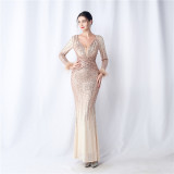 Women Ostrich Feather Gradient Sequins Long Sleeve Evening Gown
