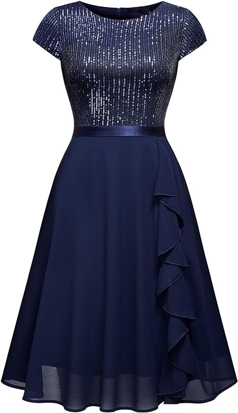 Sequined Short Sleeve Patchwork Chiffon Swing Dress Slim Sexy Bridesmaid Dress