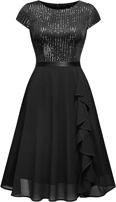 Sequined Short Sleeve Patchwork Chiffon Swing Dress Slim Sexy Bridesmaid Dress