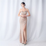Women Symphony Sequin Slit Maxi Evening Dress