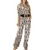Women's Fashion Print Turndown Collar Long Sleeve Casual Shirt High Waist Straight Pants Set