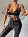 Women Sexy Fishnet Sparkling Diamond Short Sleeve Top