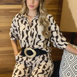 Women's Fashion Print Turndown Collar Long Sleeve Casual Shirt High Waist Straight Pants Set