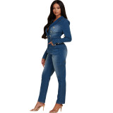 Women Turndown Collar Button Denim Jumpsuit