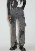 Autumn Street Trend Button Irregular Denim Pants High Waist Slim Fit Jeans