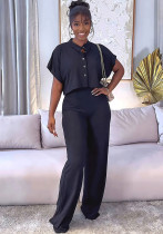 Versatile short Sleeve Shirt top solid color straight women's trousers Casual two-piece set