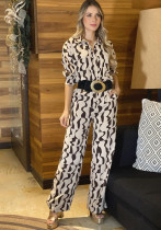 Women's Fashion Print Turndown Collar Long Sleeve Casual Shirt High Waist Straight Pants Set