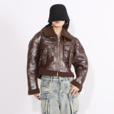 Autumn and winter fashion Chic fur pocket decoration Turndown Collar short jacket