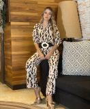 Women's Fashion Print Turndown Collar Long Sleeve Casual Shirt High Waist Straight Pants Set