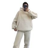 Autumn and winter solid color fleece Hoodies pants two-piece fashionable casual set