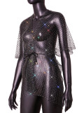 Women Sexy Fishnet Sparkling Diamond Short Sleeve Top