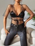 Women Sexy Fishnet Sparkling Diamond Short Sleeve Top