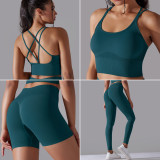 Women Solid Cross Tank Sports Bra Tank Yoga Wear Two-Piece Set