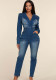 Women Turndown Collar Button Denim Jumpsuit