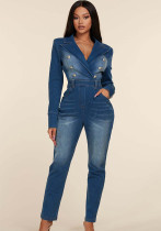 Women Turndown Collar Button Denim Jumpsuit Women Turndown Collar Button Denim Jumpsuit