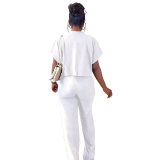 Versatile short Sleeve Shirt top solid color straight women's trousers Casual two-piece set